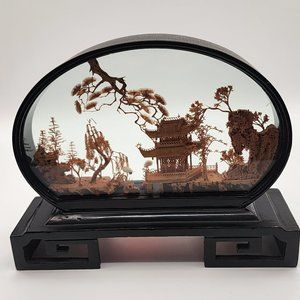 Vtg. Chinese SAN YOU Diorama Cork Carving Glass Case Pagoda Trees & Cranes 6.5"H